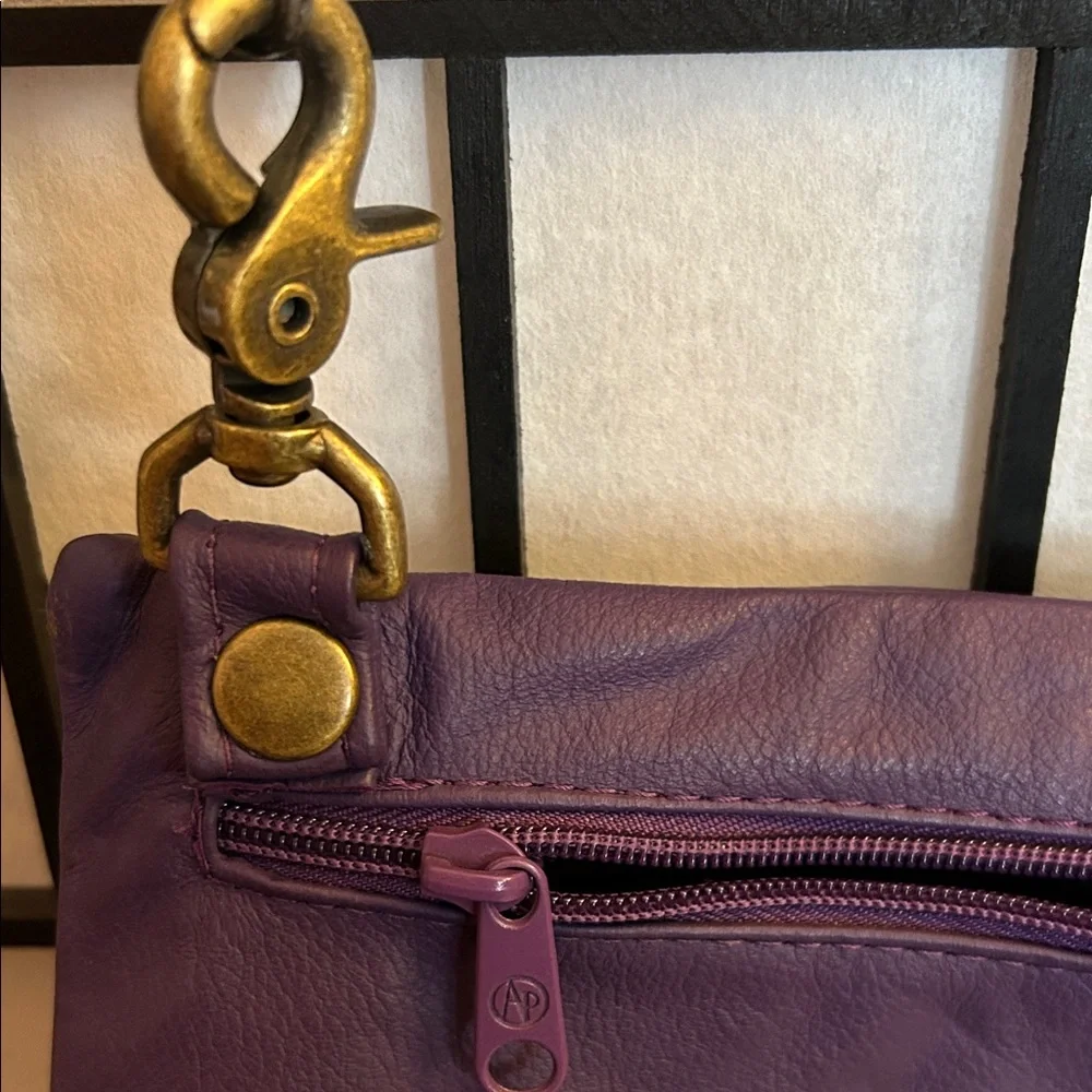 Purple Leather Crossbody Purse with Front Zip and Flap Pocket